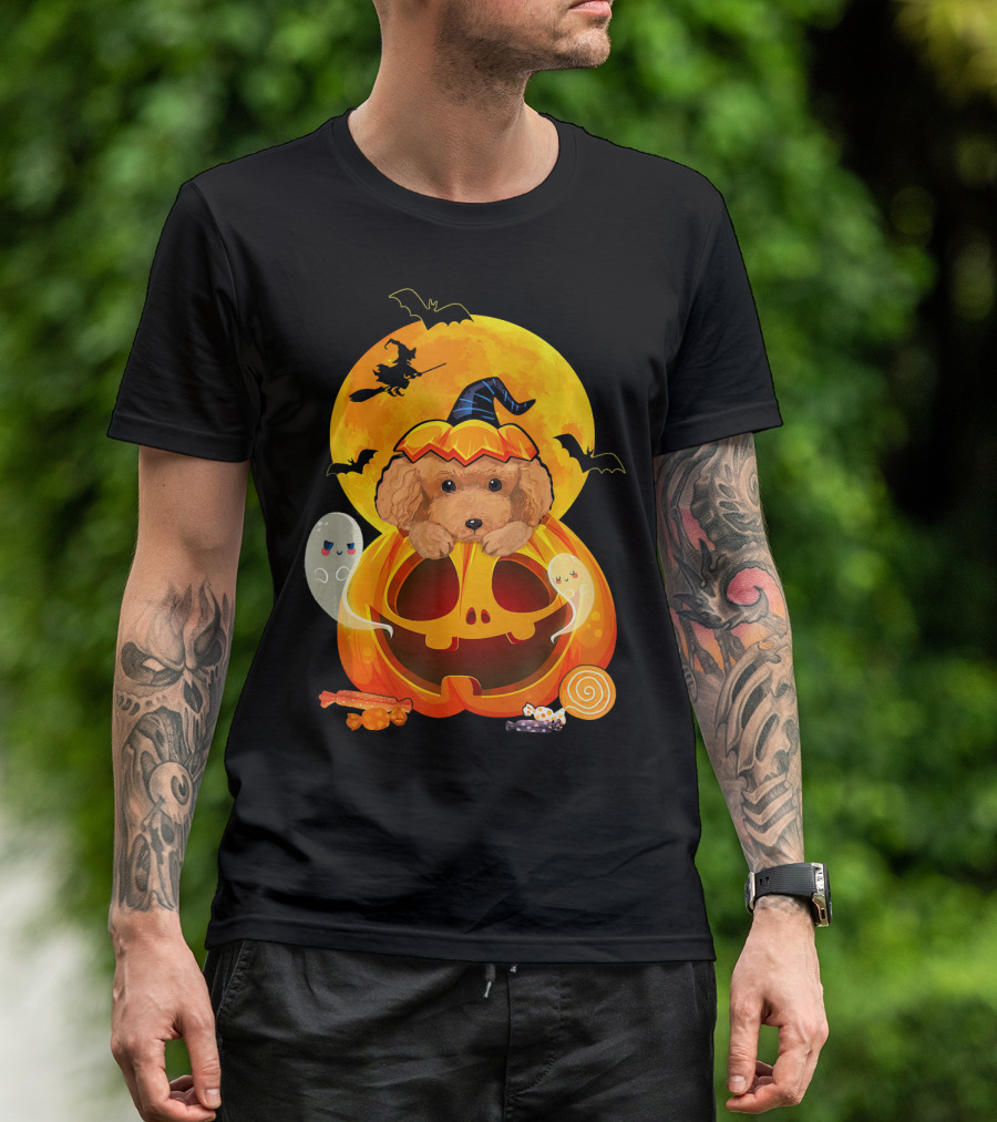Poodle Witch Pumpkin Ghosts Halloween Candy Moon Bats T-Shirt