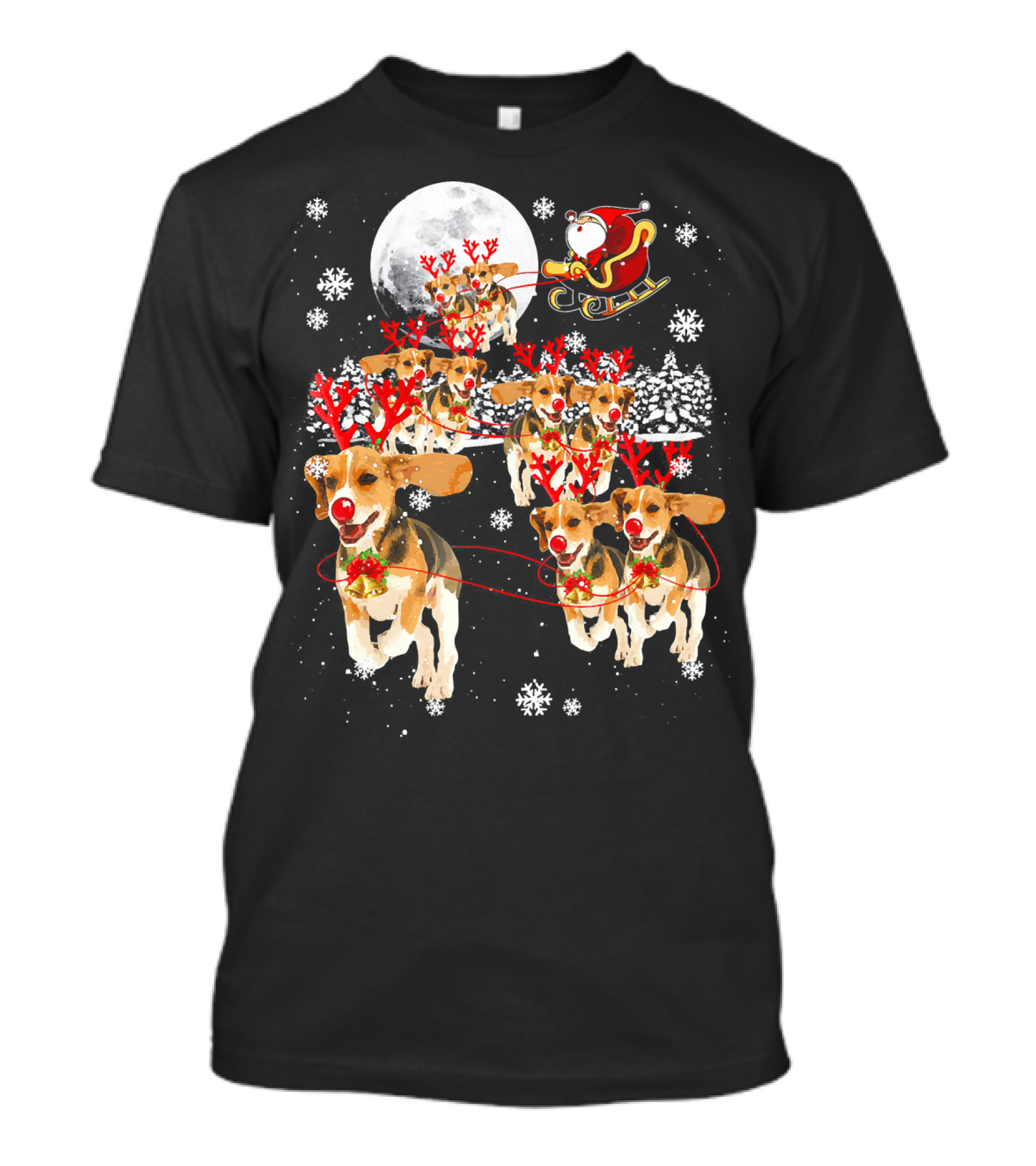 Santa Beagle Dog Sled Santa's Sleigh Beagles Reindeer Moon Snowflakes T-Shirt