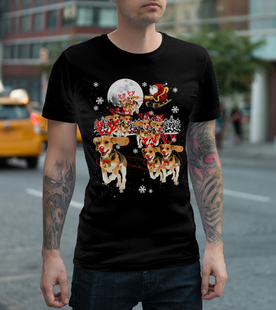Santa Beagle Dog Sled Santa's Sleigh Beagles Reindeer Moon Snowflakes T-Shirt