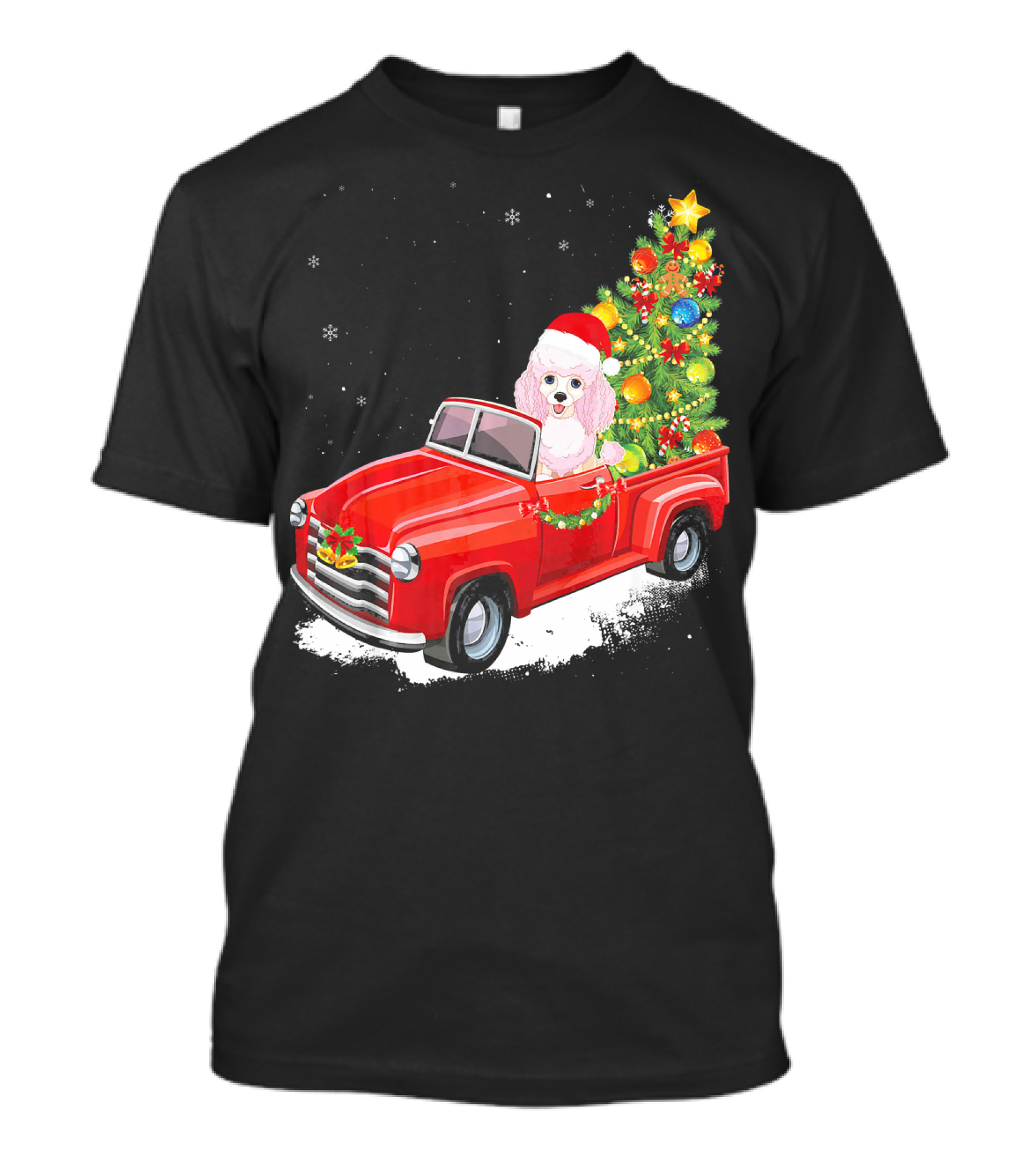 Poodle Merry Christmas Dog In Red Truck With Christmas Tree T-Shirt