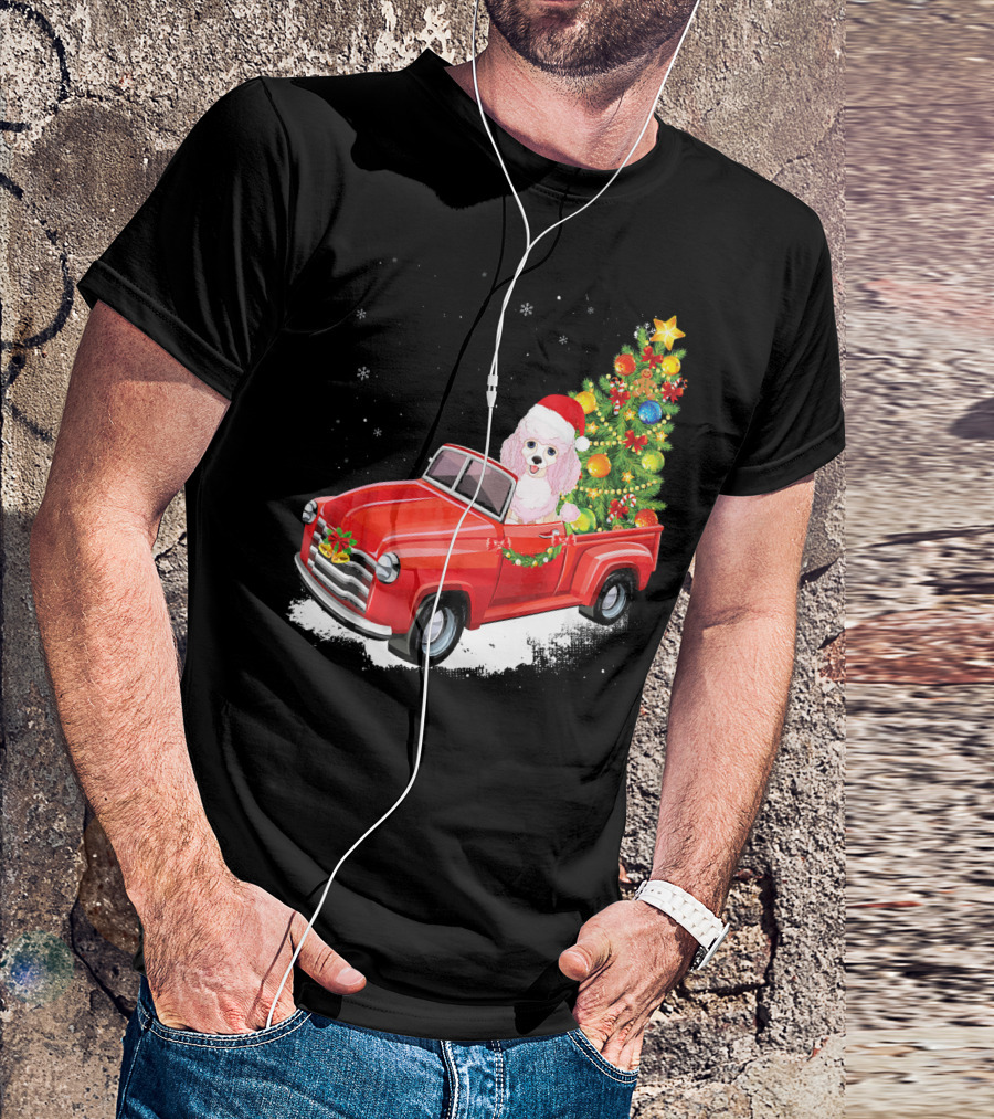 Poodle Merry Christmas Dog In Red Truck With Christmas Tree T-Shirt