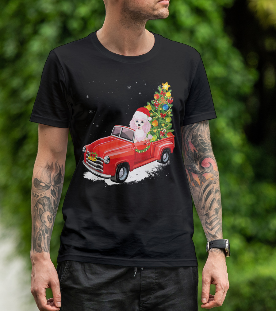 Poodle Merry Christmas Dog In Red Truck With Christmas Tree T-Shirt
