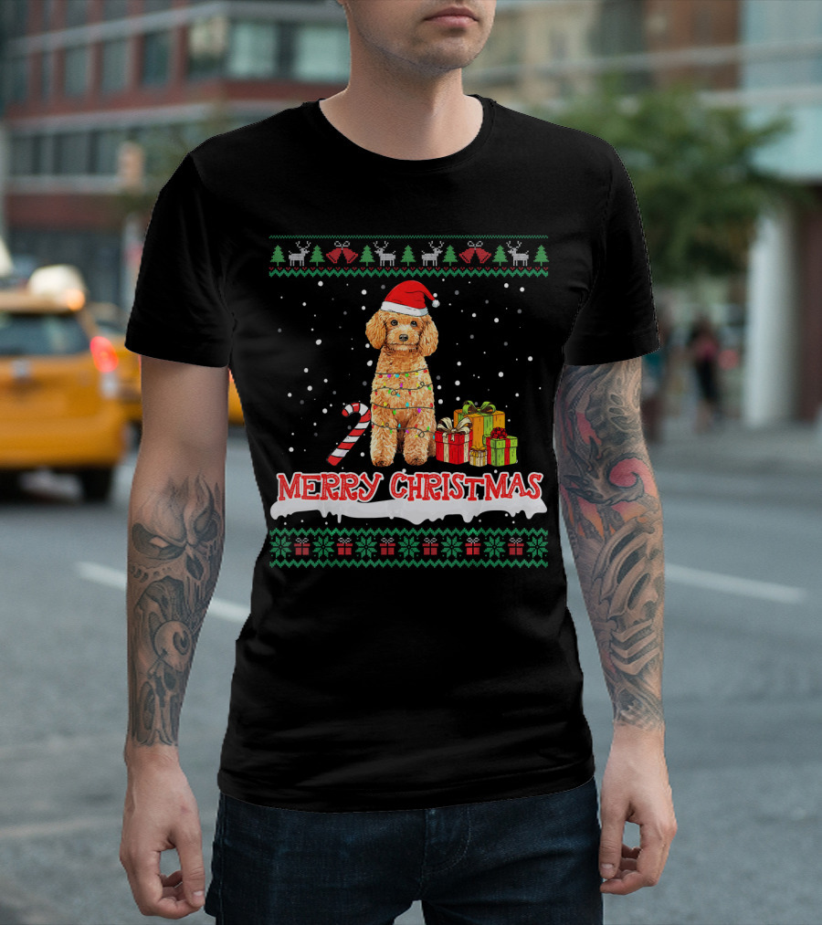 Merry Christmas Poodle with Santa Hat and Gifts Holiday T-Shirt