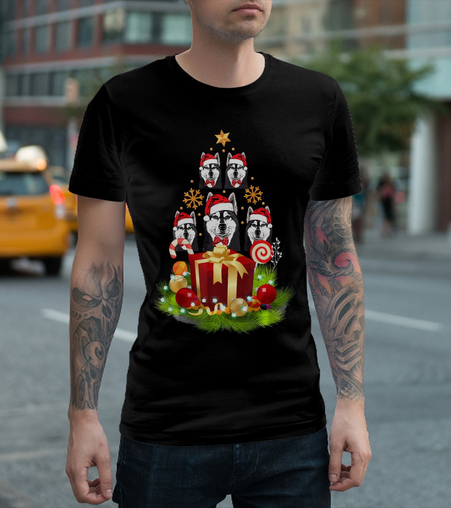 Santa Husky Christmas Tree with Gifts and Candy Canes T-Shirt