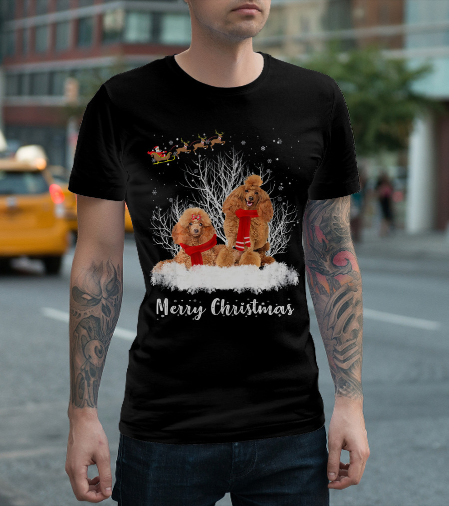 Merry Christmas Santa Poodle Couple with Reindeer and Snow T-Shirt