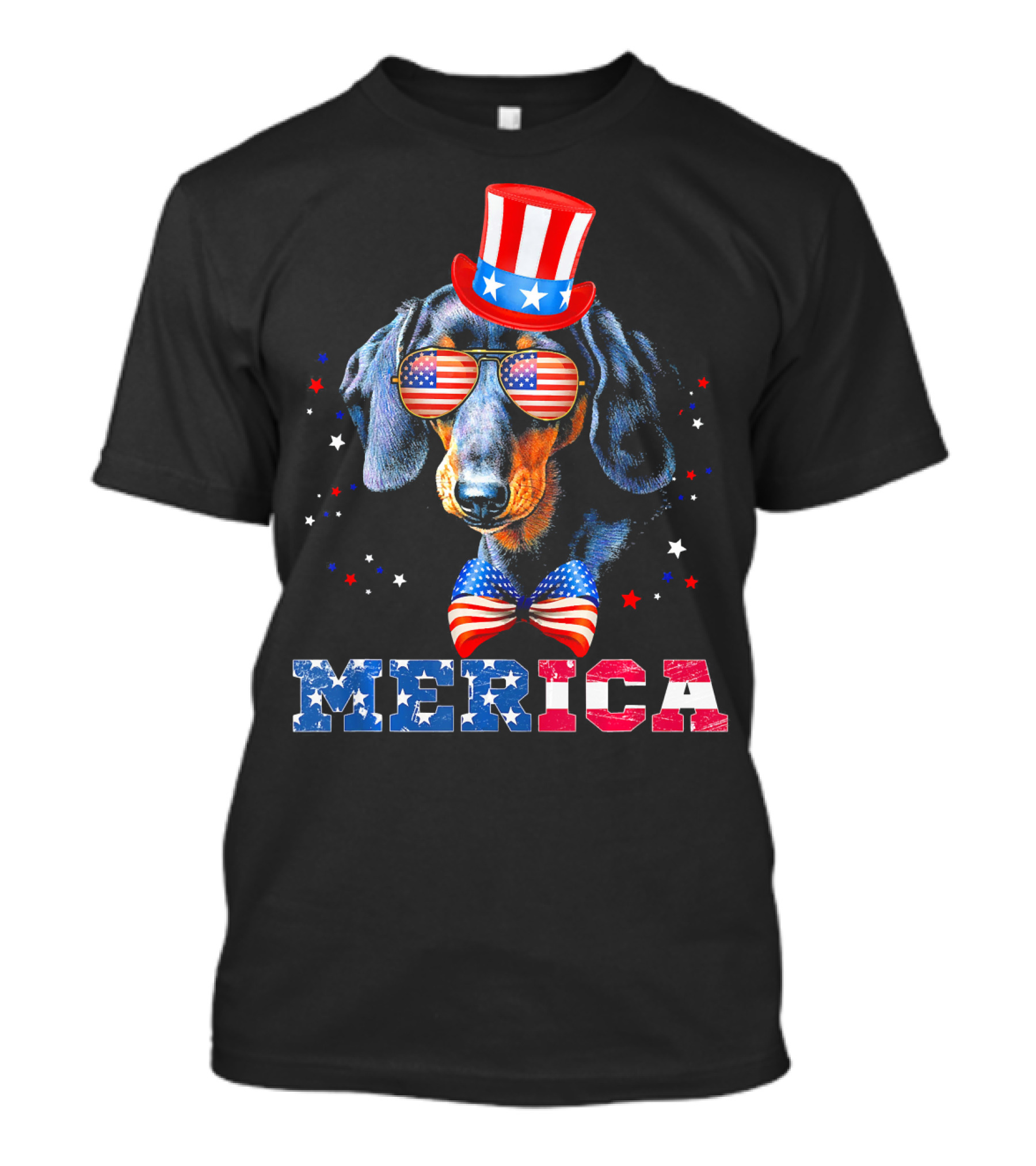 Merica Dachshund Patriotic 4th Of July American Flag Hat And Bow Tie T-Shirt