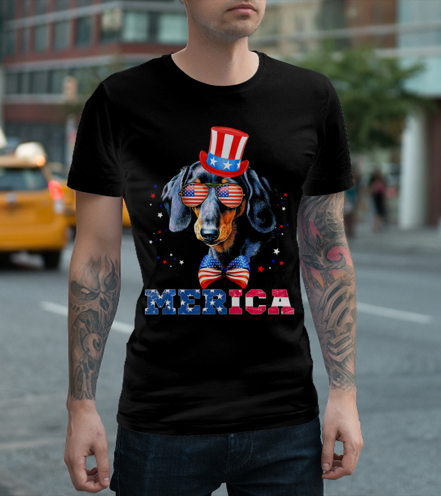 Merica Dachshund Patriotic 4th Of July American Flag Hat And Bow Tie T-Shirt