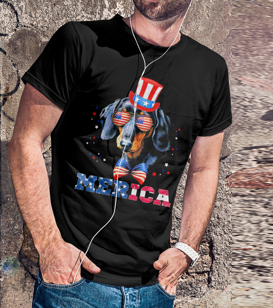 Merica Dachshund Patriotic 4th Of July American Flag Hat And Bow Tie T-Shirt