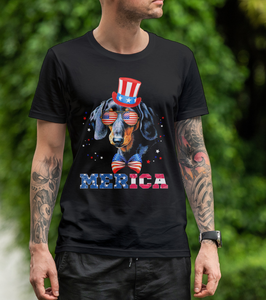 Merica Dachshund Patriotic 4th Of July American Flag Hat And Bow Tie T-Shirt