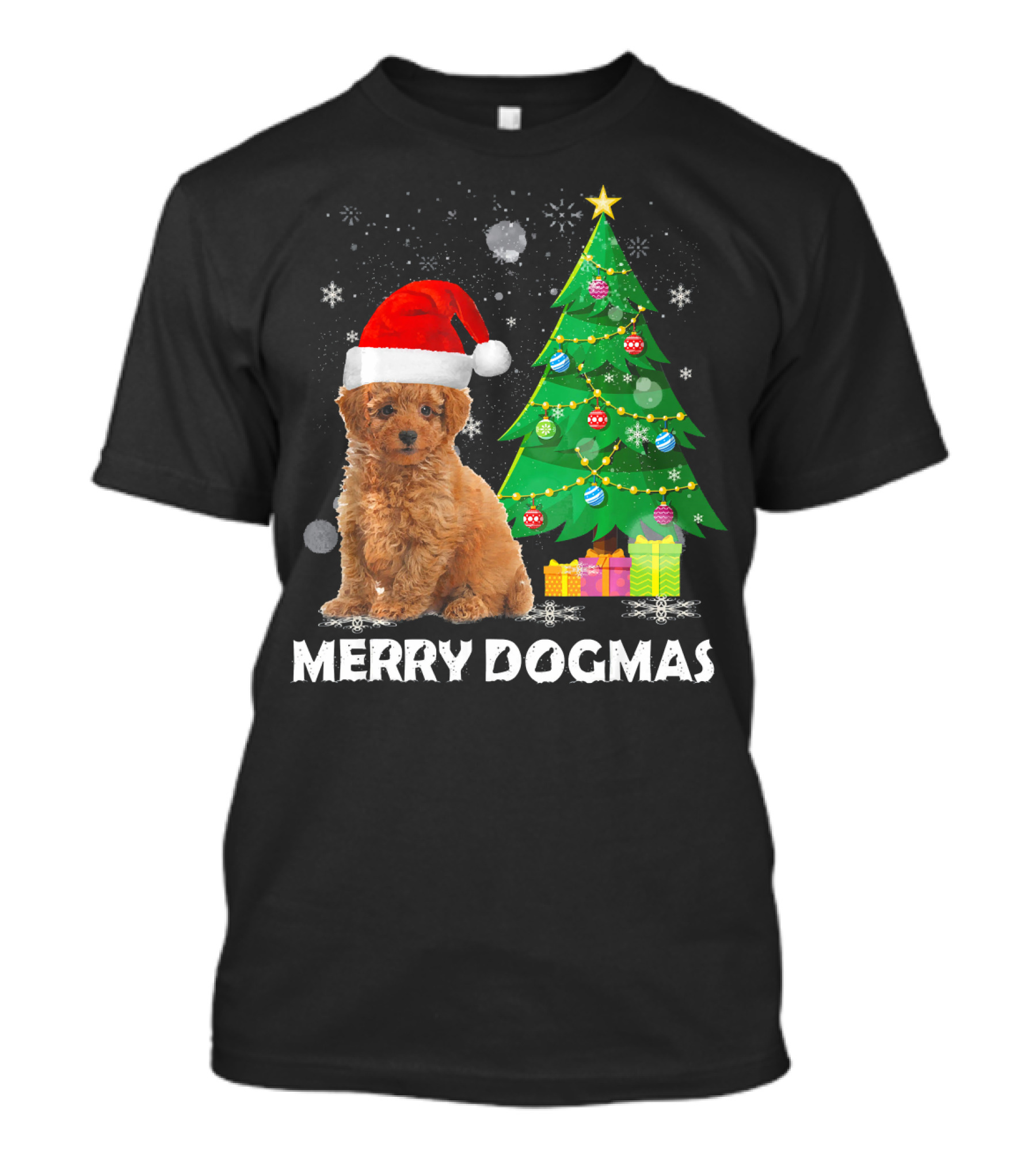 Merry Dogmas Poodle With Santa Hat And Christmas Tree T-Shirt