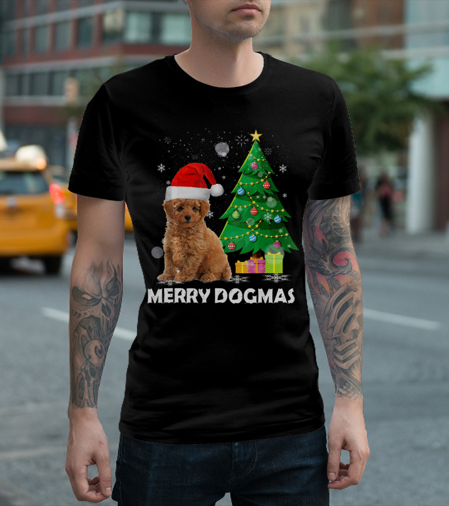 Merry Dogmas Poodle With Santa Hat And Christmas Tree T-Shirt