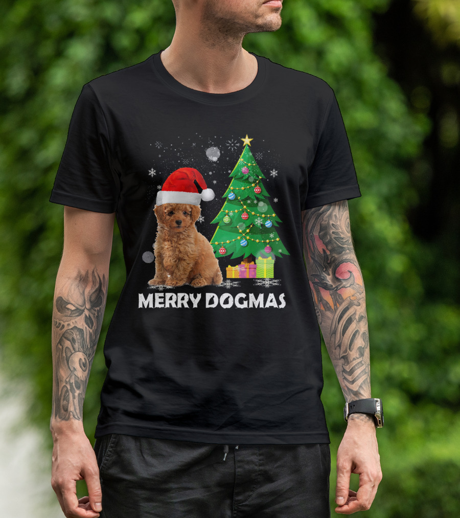 Merry Dogmas Poodle With Santa Hat And Christmas Tree T-Shirt