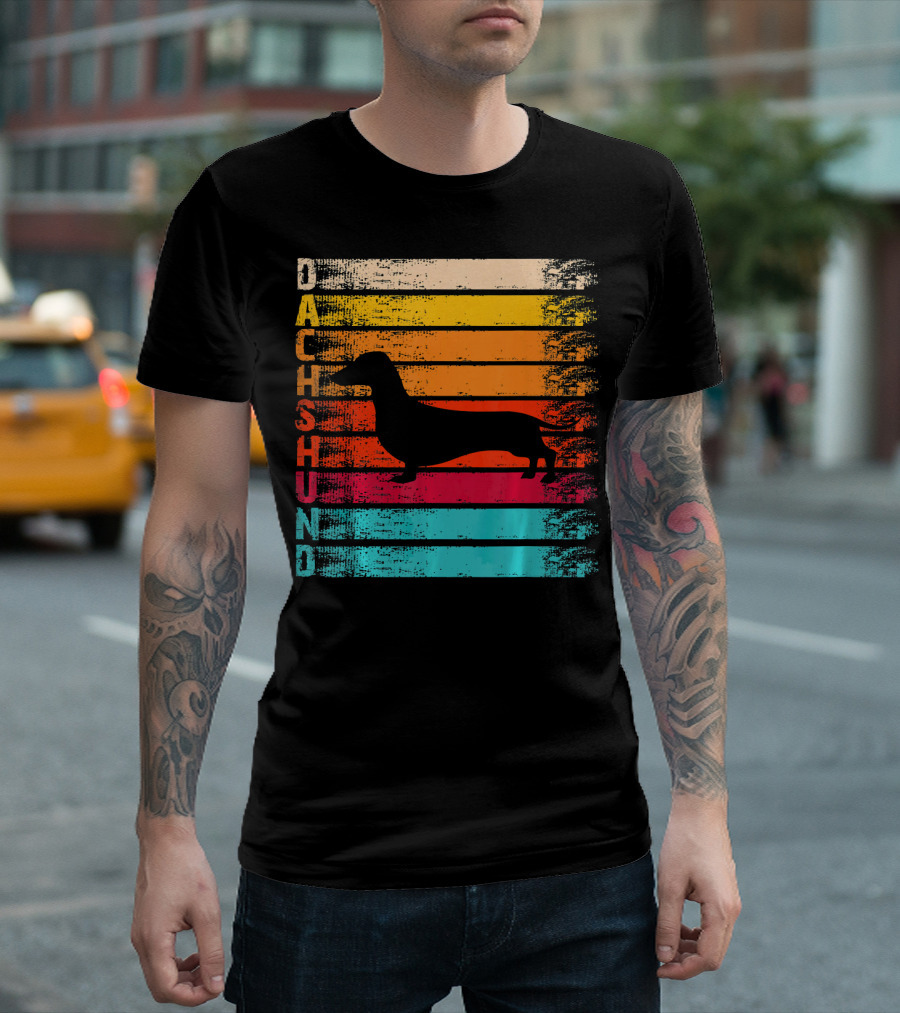 Retro Distressed Dachshund Silhouette Vertical Rainbow Stripe Vintage T-Shirt