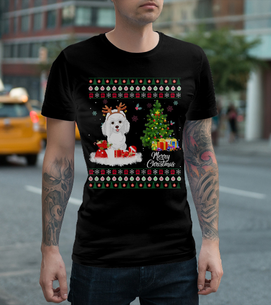 Merry Christmas Poodle Funny Reindeer with Gifts and Tree T-Shirt