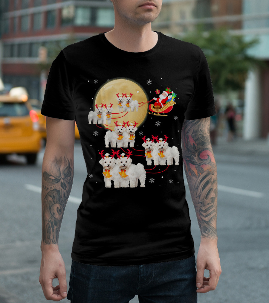 Santa's Sleigh Led by Poodle Reindeer Dogs Moonlit Christmas Scene T-Shirt
