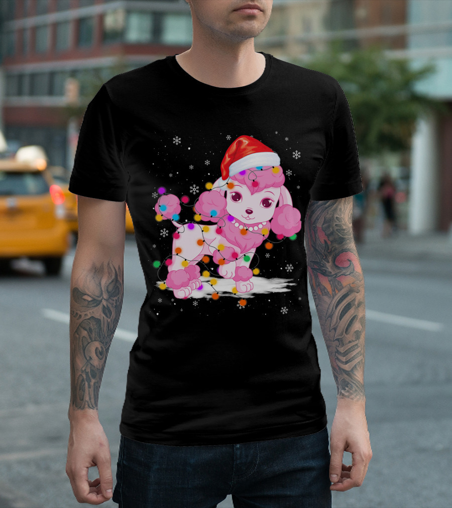 Poodle with Santa Hat and Festive Christmas String Lights T-Shirt
