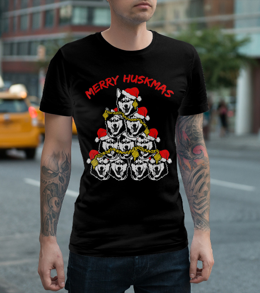 Merry Huskmas Husky Dog Santa Hats Christmas Humor T-Shirt