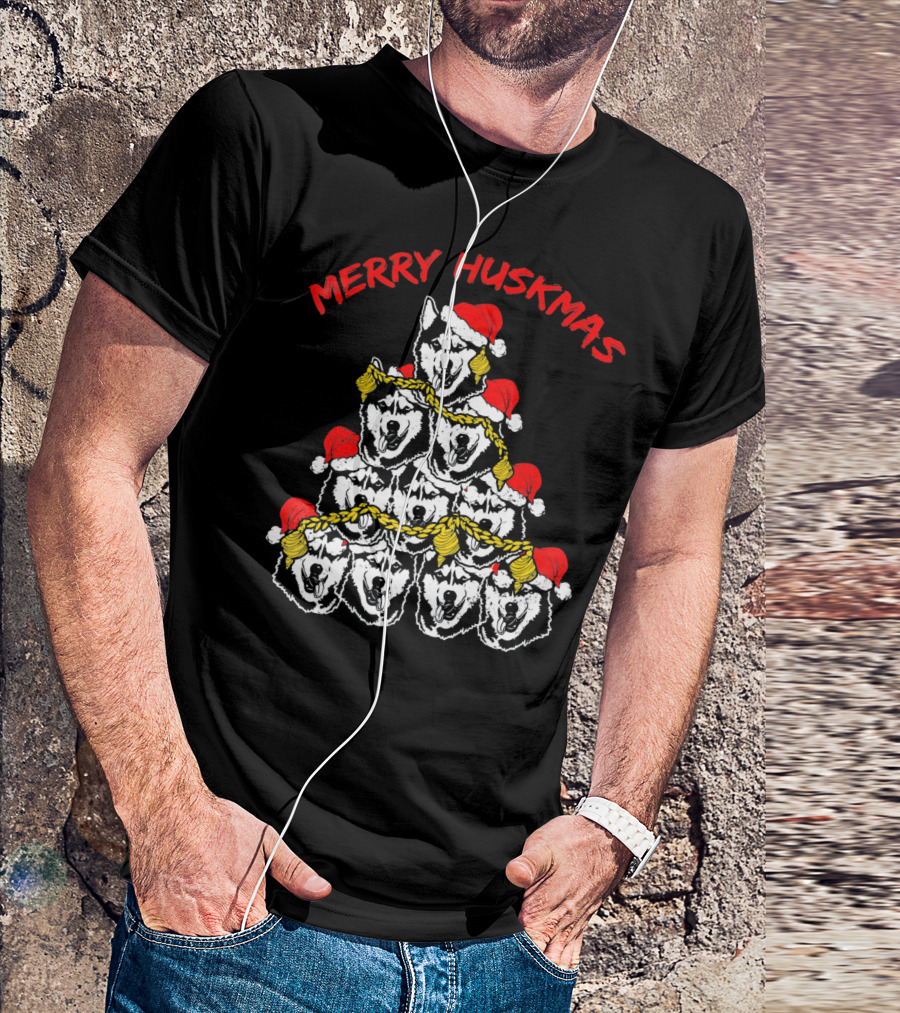 Merry Huskmas Husky Dog Santa Hats Christmas Humor T-Shirt