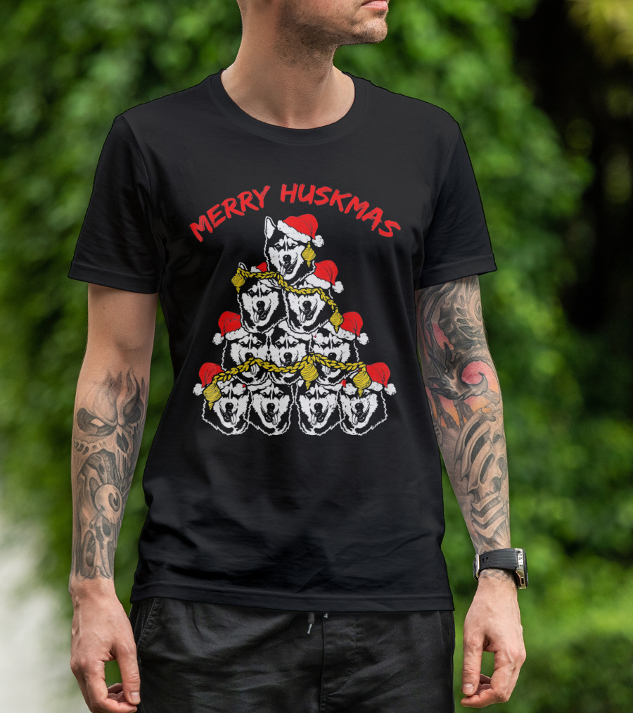 Merry Huskmas Husky Dog Santa Hats Christmas Humor T-Shirt
