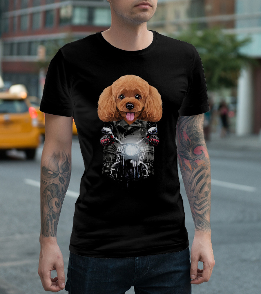 Playful Poodle Dog Riding Motorcycle in Leather Jacket and Gloves T-Shirt
