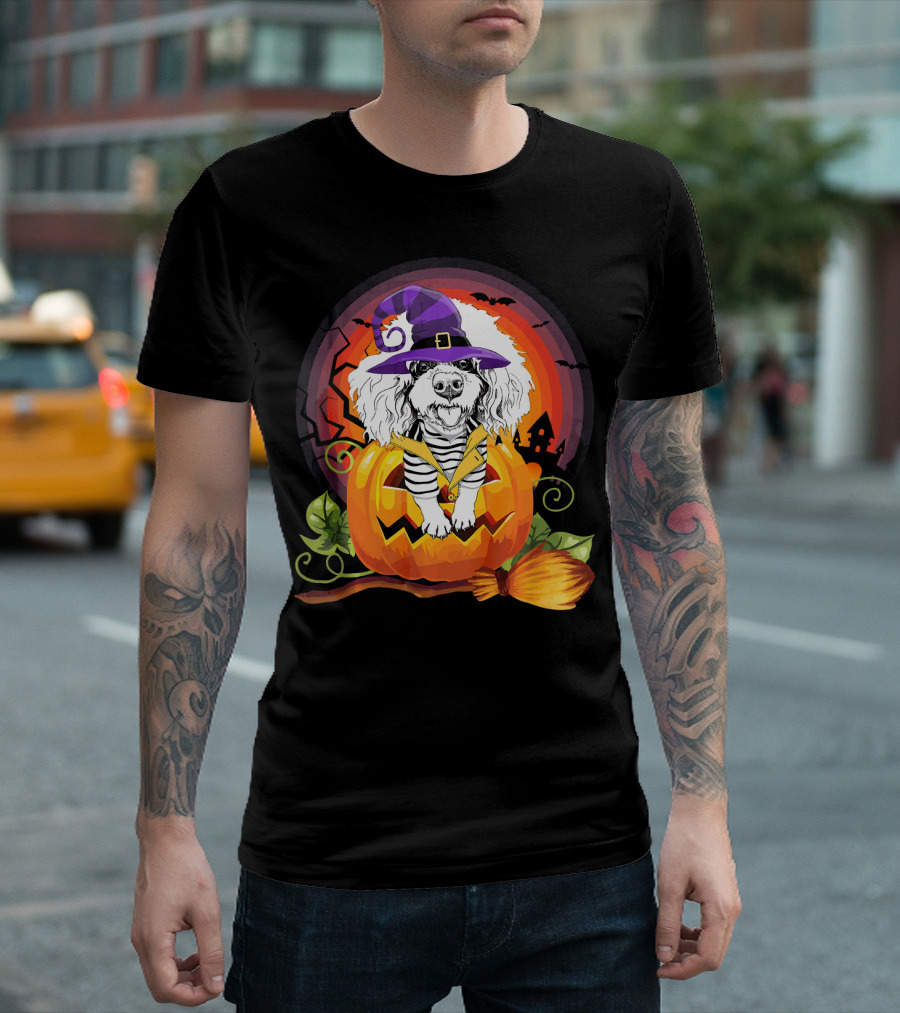 Poodle Witch in Pumpkin with Broomstick Halloween Dog Love T-Shirt