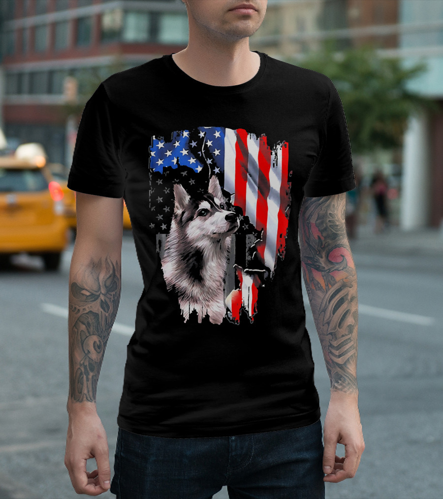 Siberian Husky Dog with American Flag T-Shirt