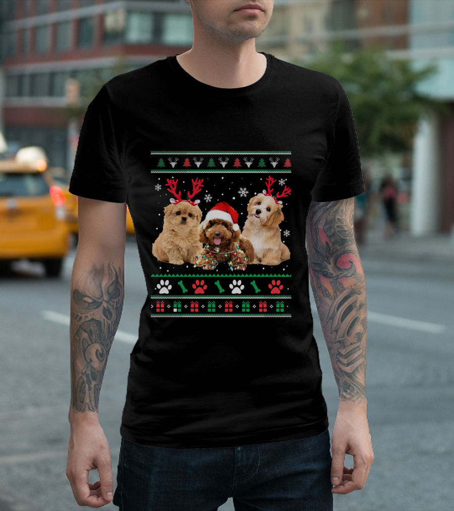 Poodle Dog Reindeer Antlers Santa Hat Ugly Christmas Funny Poodle T-Shirt