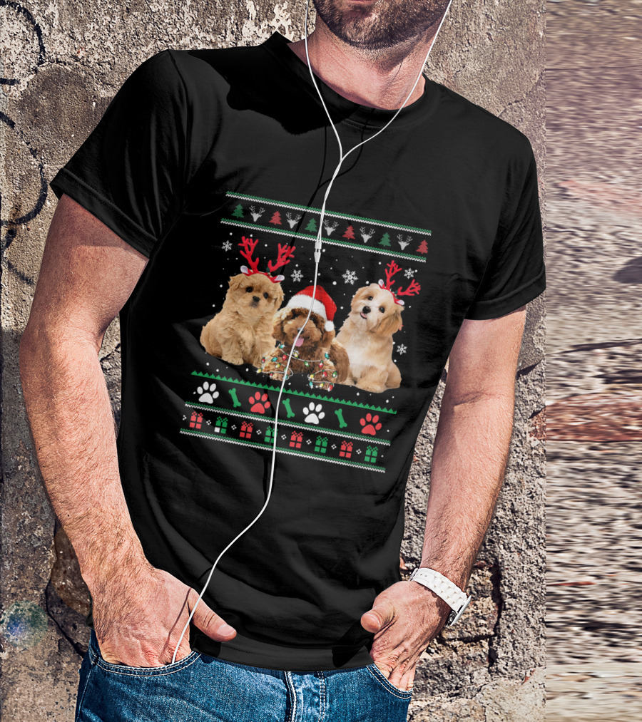Poodle Dog Reindeer Antlers Santa Hat Ugly Christmas Funny Poodle T-Shirt
