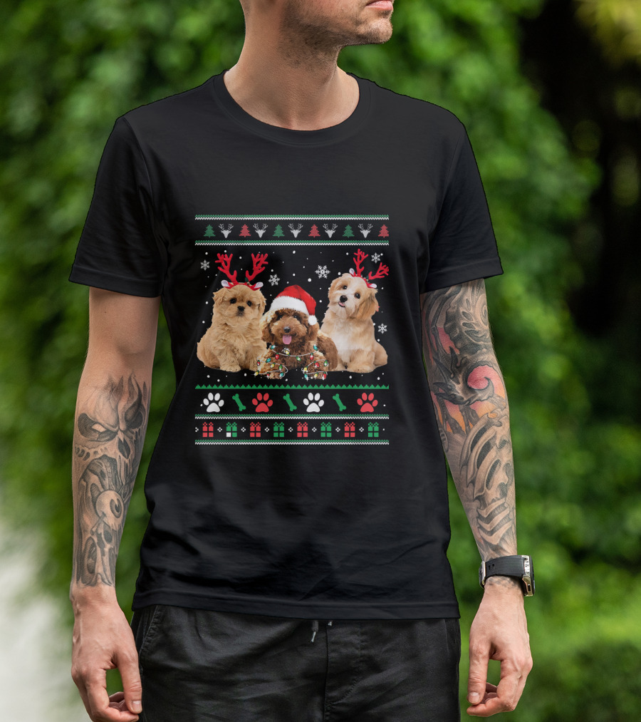 Poodle Dog Reindeer Antlers Santa Hat Ugly Christmas Funny Poodle T-Shirt