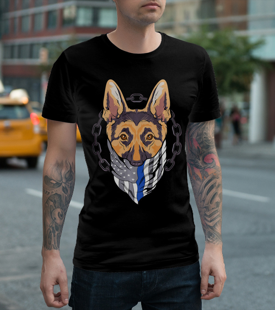 Police Dog K9 German Shepherd Chain Thin Blue Line Flag T-Shirt