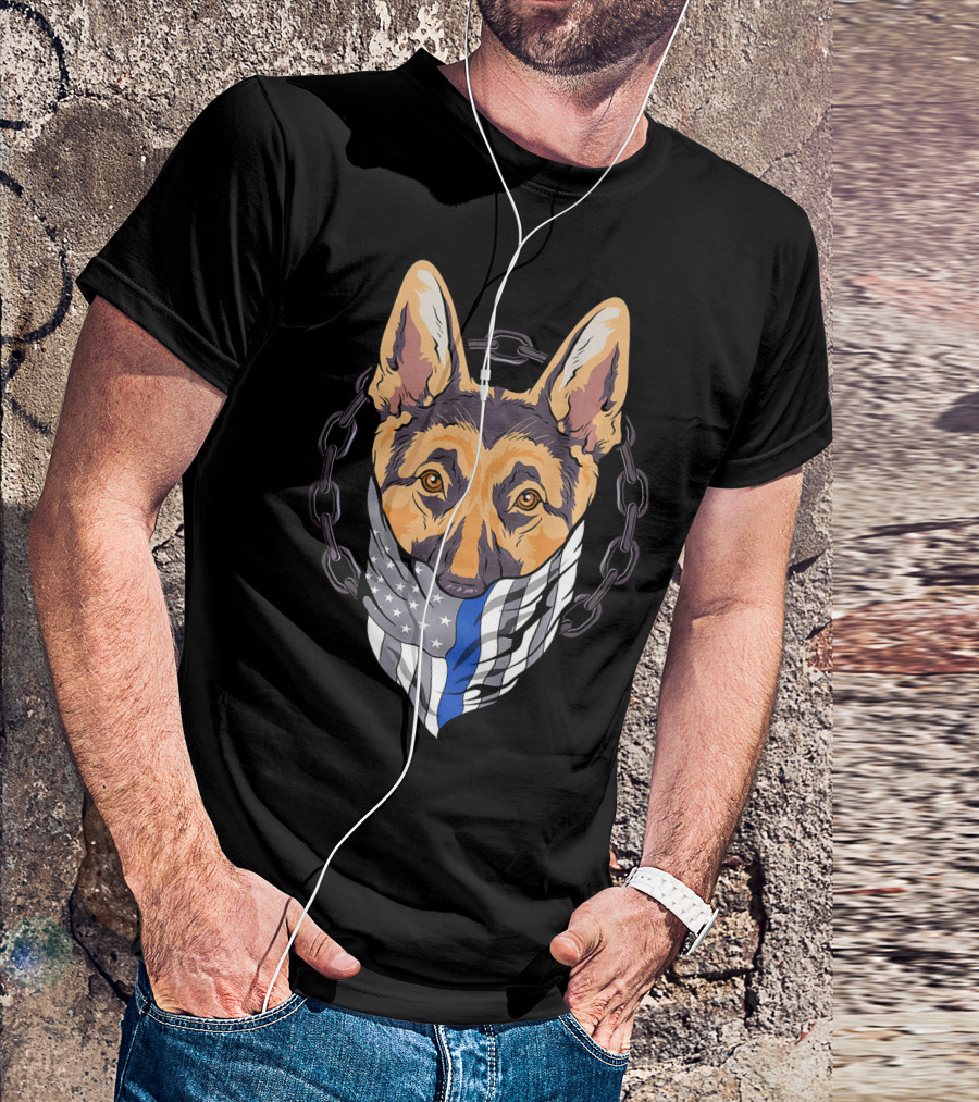 Police Dog K9 German Shepherd Chain Thin Blue Line Flag T-Shirt