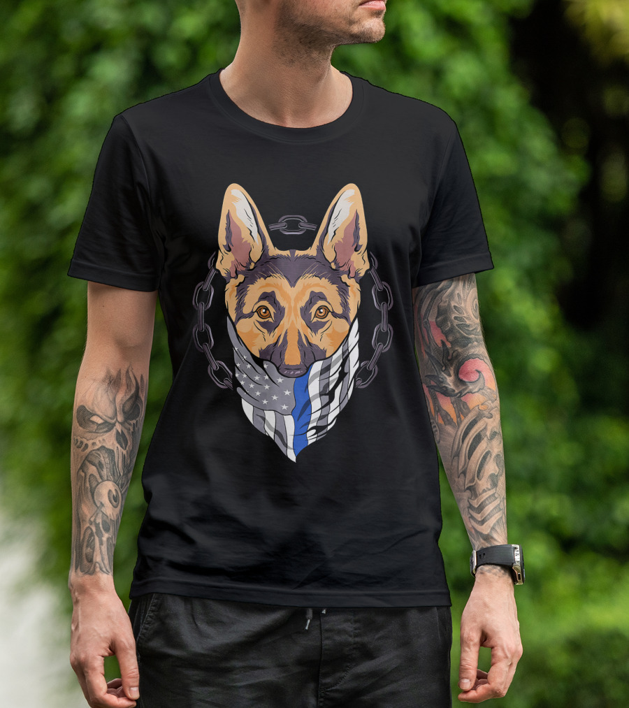 Police Dog K9 German Shepherd Chain Thin Blue Line Flag T-Shirt