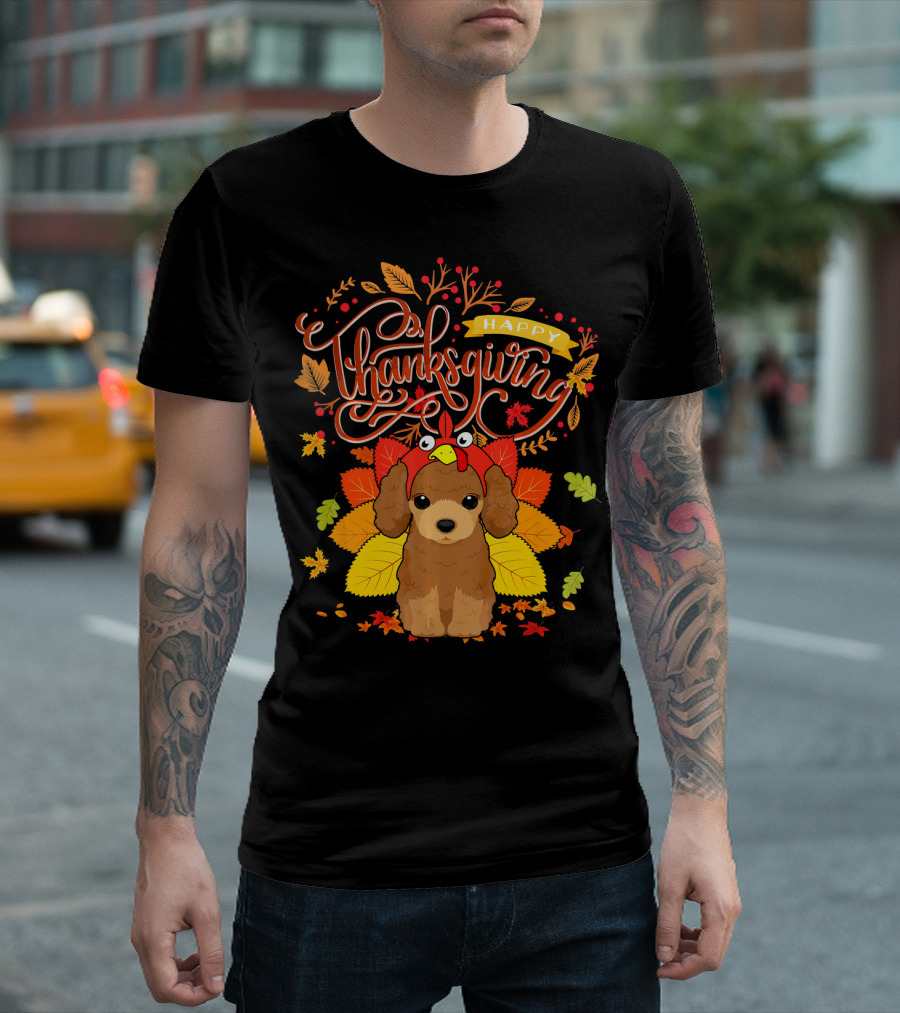 Happy Thanksgiving Poodle Wearing Turkey Hat Surrounded by Fall Leaves T-Shirt