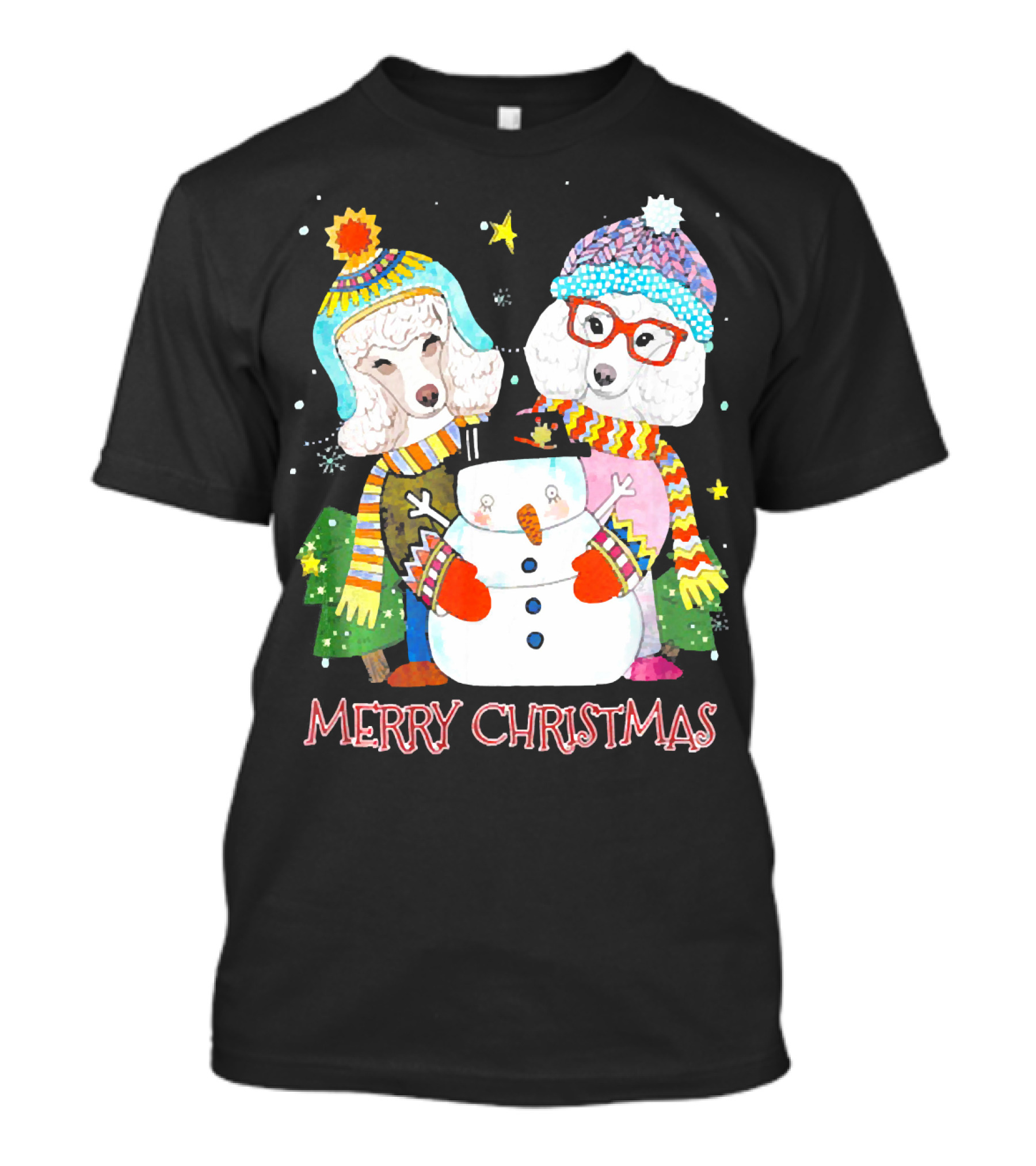 Merry Christmas Poodle Dog Costume Santa Lights Hat Snowman T-Shirt