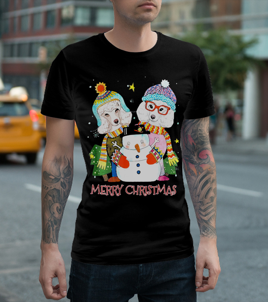 Merry Christmas Poodle Dog Costume Santa Lights Hat Snowman T-Shirt