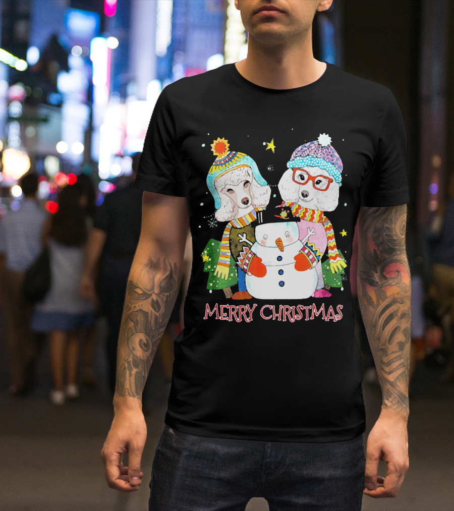 Merry Christmas Poodle Dog Costume Santa Lights Hat Snowman T-Shirt