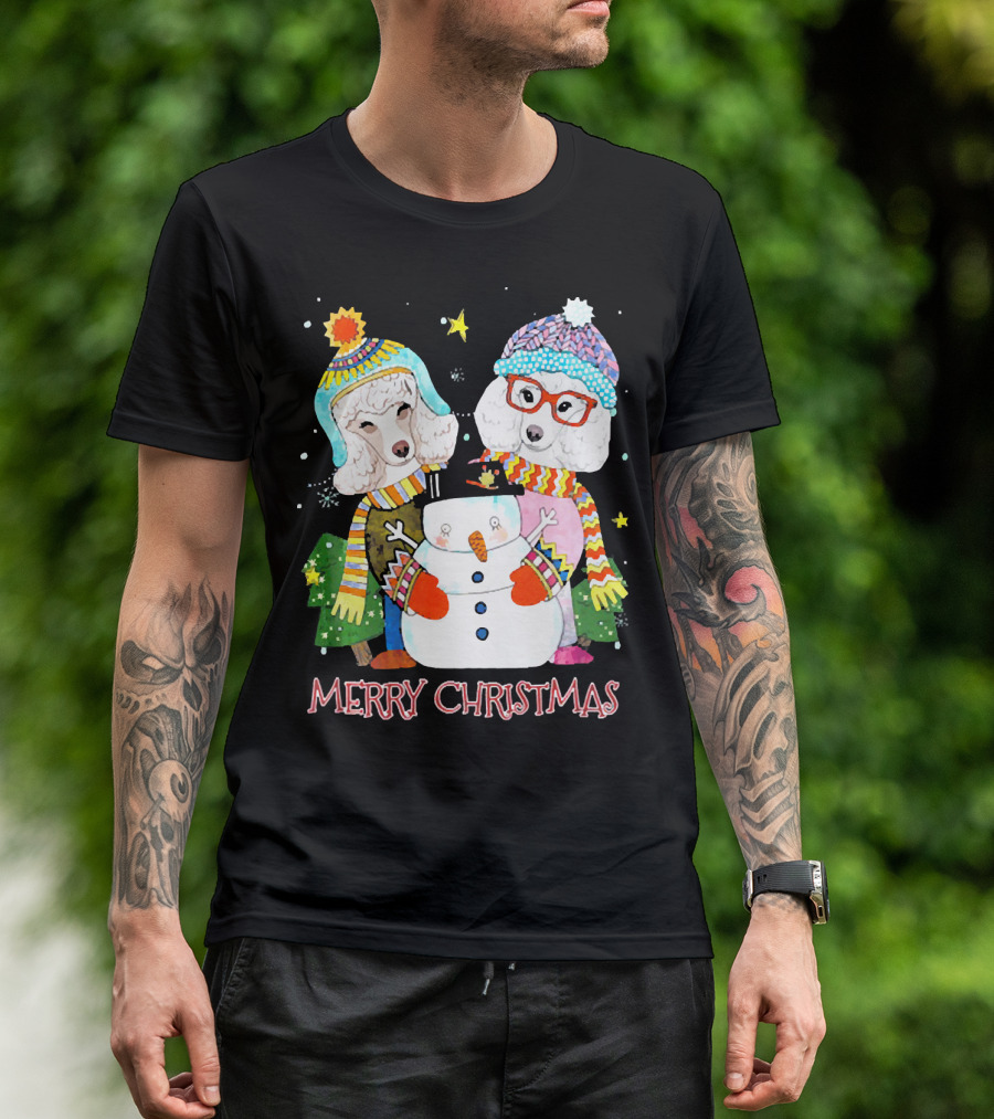 Merry Christmas Poodle Dog Costume Santa Lights Hat Snowman T-Shirt