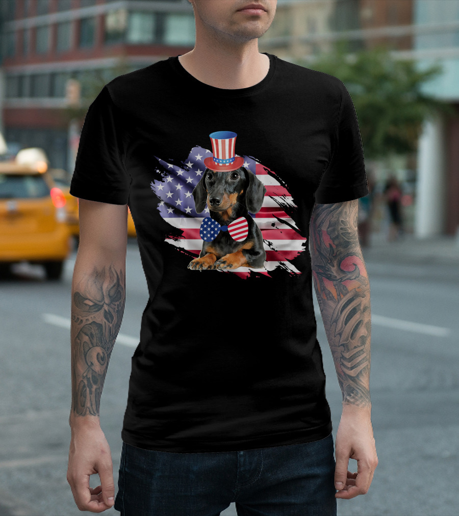 Patriotic Dachshund 4th July American Flag Hat Bow Tie T-Shirt
