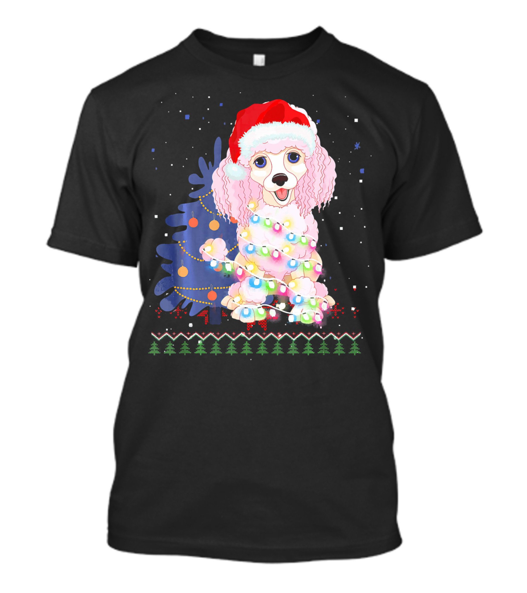 Christmas Poodle Wrapped In Lights With Santa Hat And Festive Tree T-Shirt