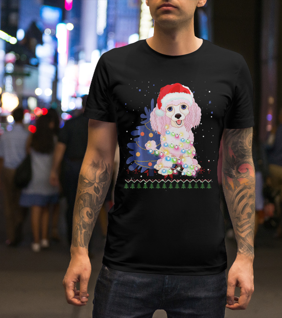 Christmas Poodle Wrapped In Lights With Santa Hat And Festive Tree T-Shirt