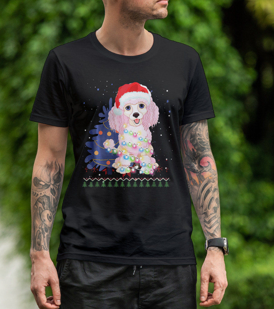 Christmas Poodle Wrapped In Lights With Santa Hat And Festive Tree T-Shirt