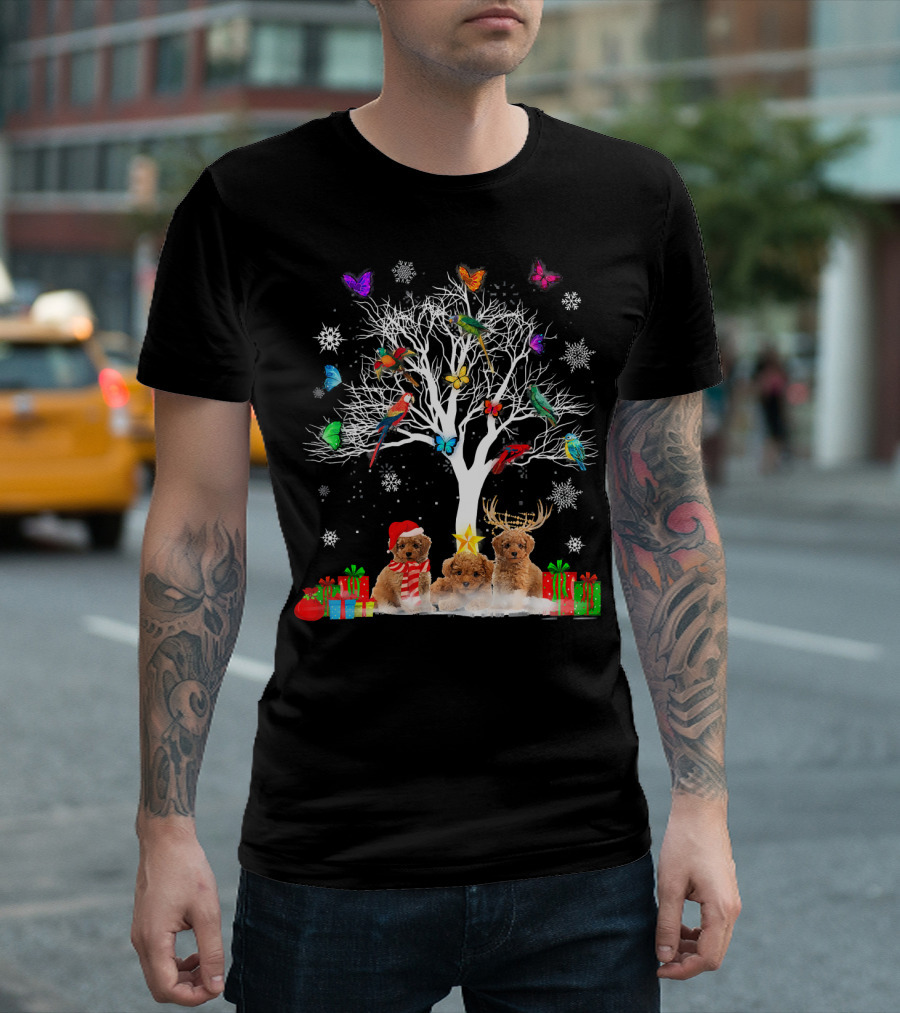 Poodle Puppies Christmas Tree with Butterflies and Snowflakes T-Shirt