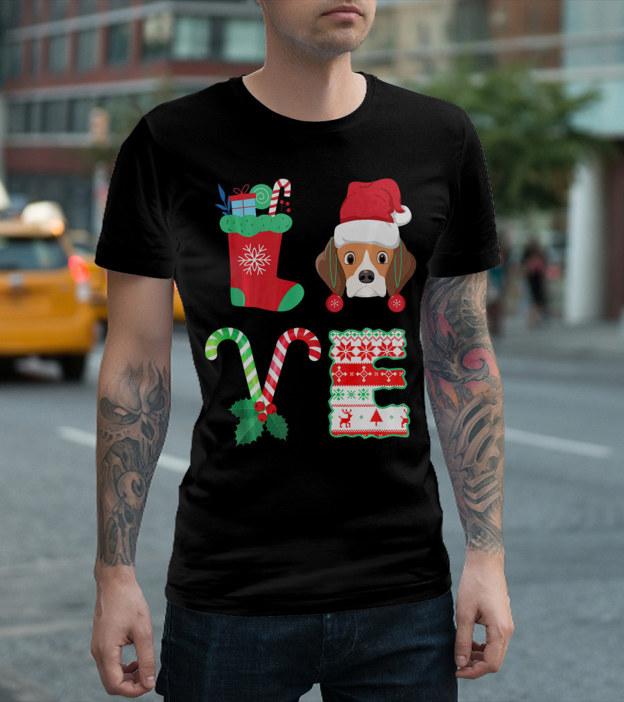 Love My Beagle Christmas Dog Stocking Candy Cane Santa Hat Holiday T-Shirt