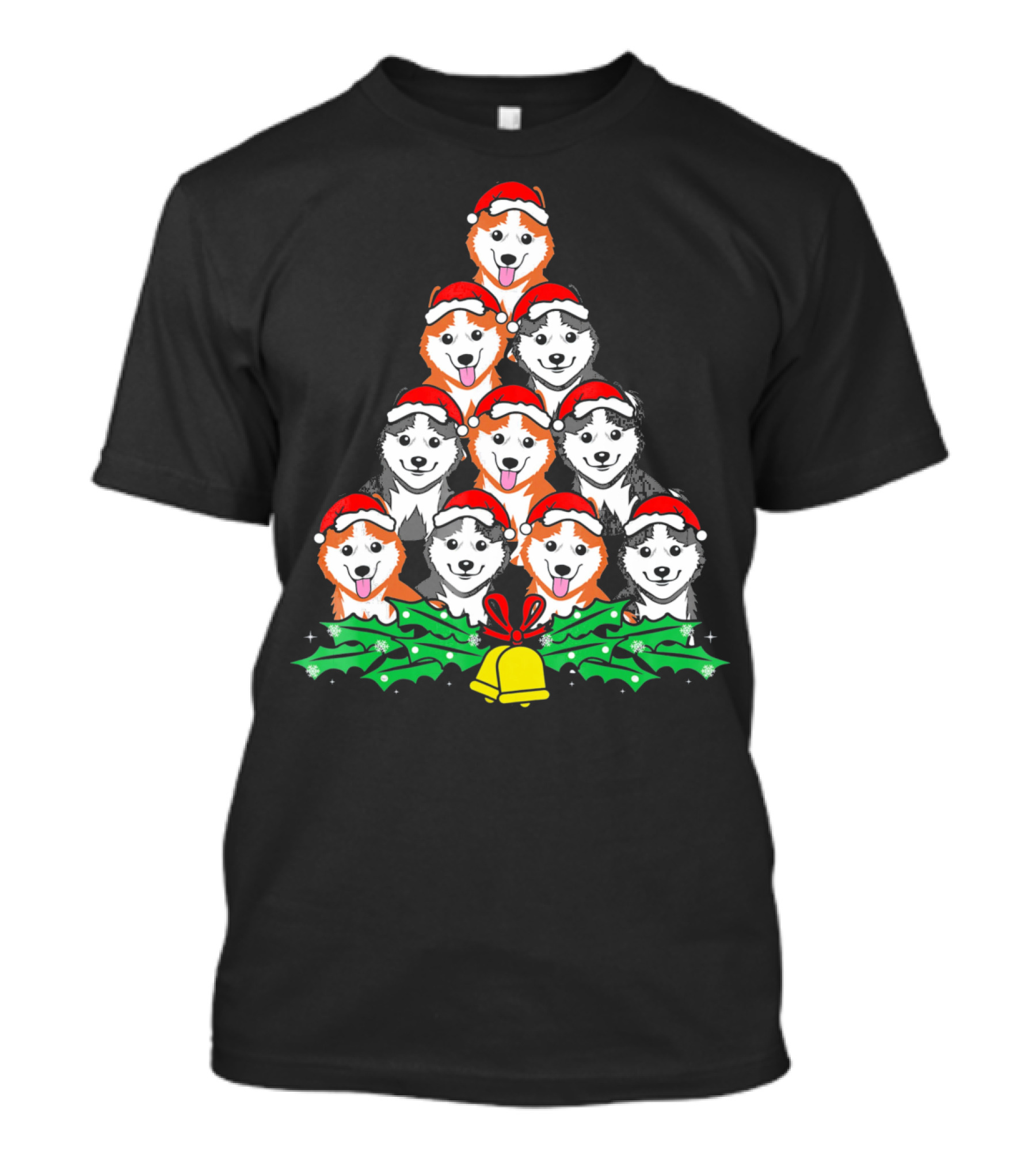 Siberian Husky Christmas Tree Santa Hat Dogs Bell T-Shirt