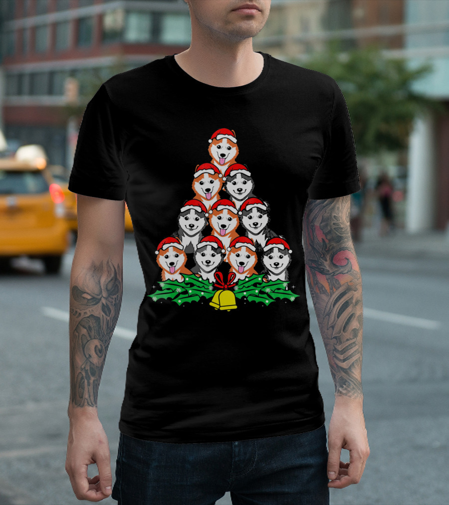 Siberian Husky Christmas Tree Santa Hat Dogs Bell T-Shirt