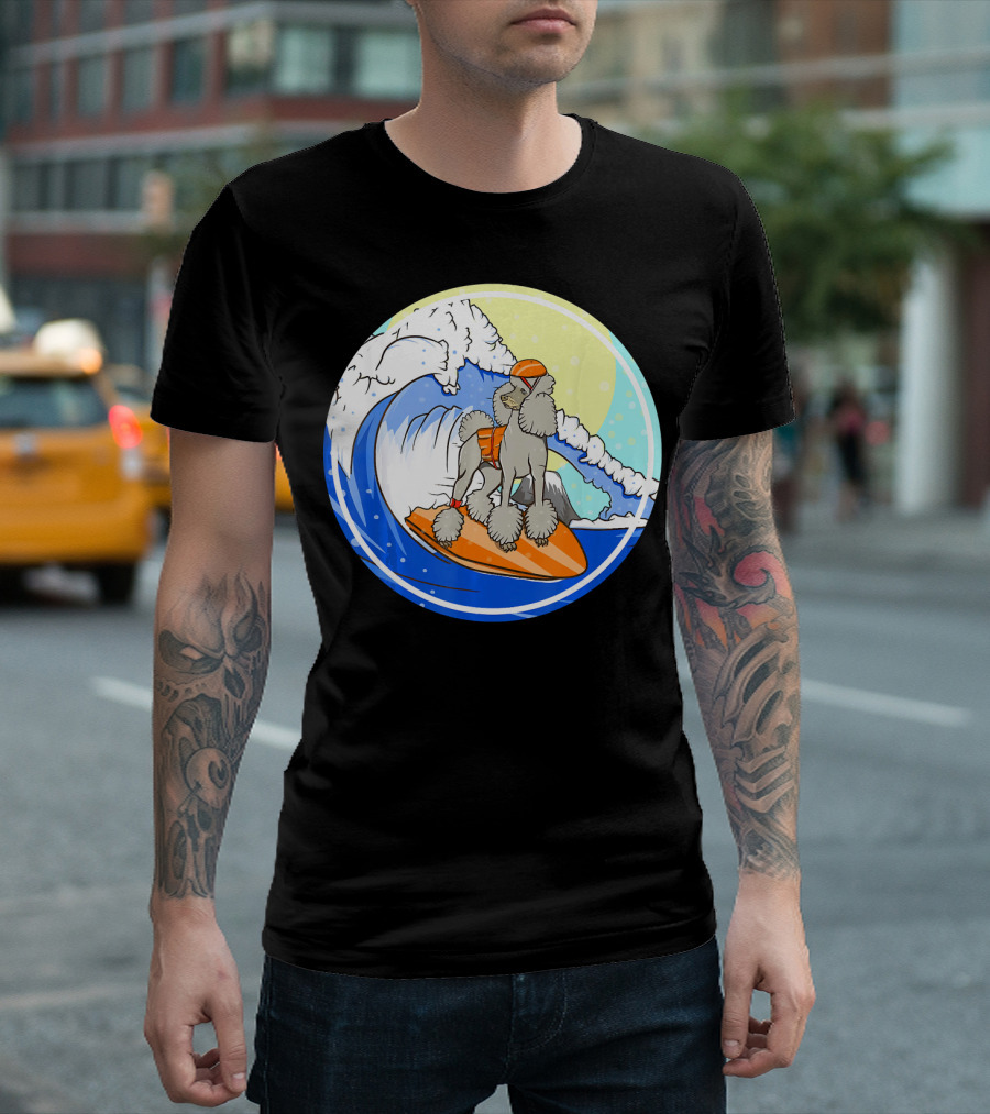 Poodle Dog Surfing Cartoon on Orange Board Riding Ocean Wave T-Shirt