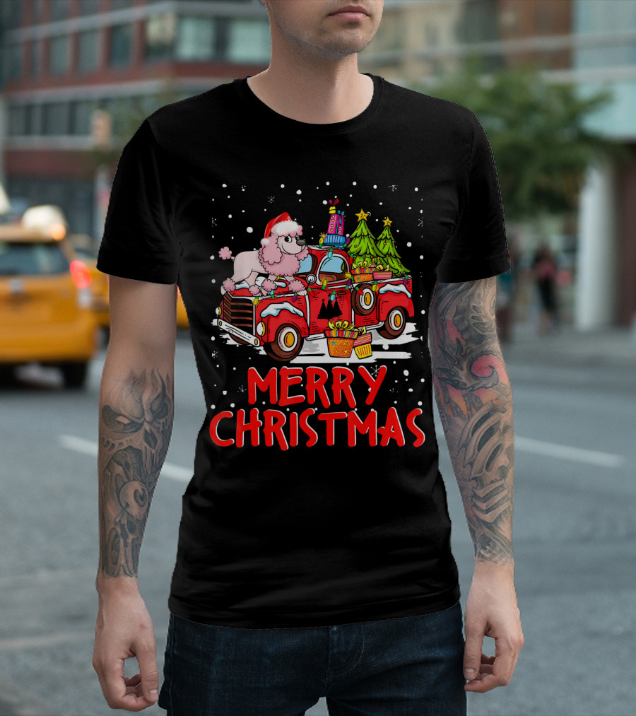 Merry Christmas Poodle Rides Red Truck T-Shirt
