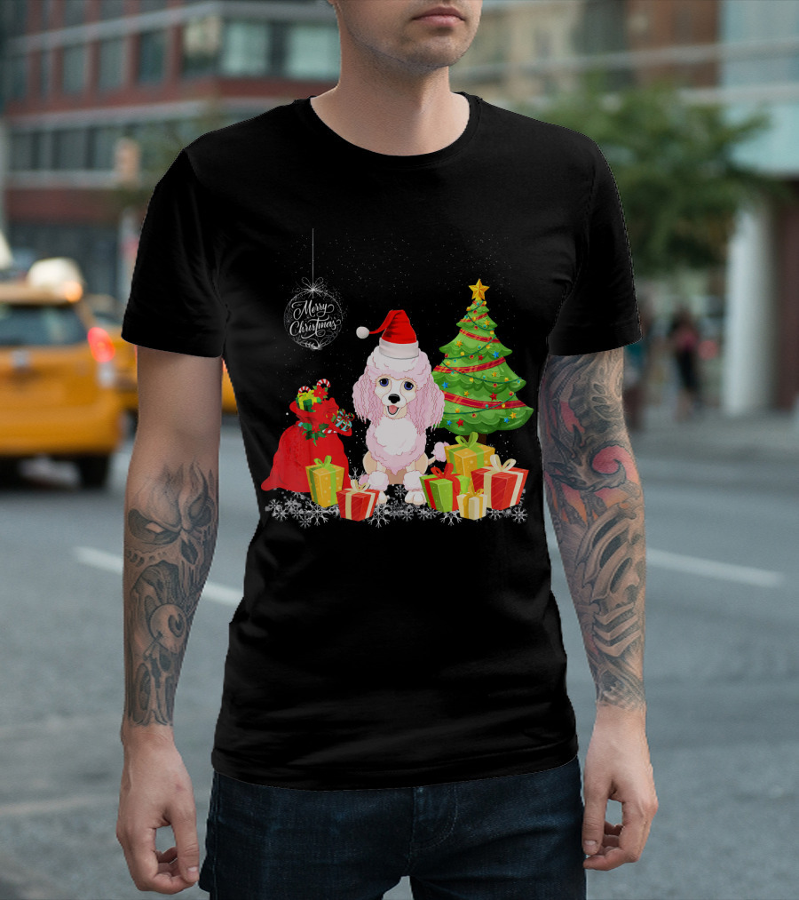 Merry Christmas Poodle with Festive Tree and Gifts T-Shirt