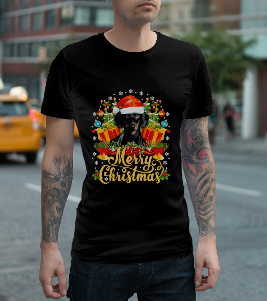 Merry Christmas Dachshund Festive Santa Hat and Holiday Gifts T-Shirt