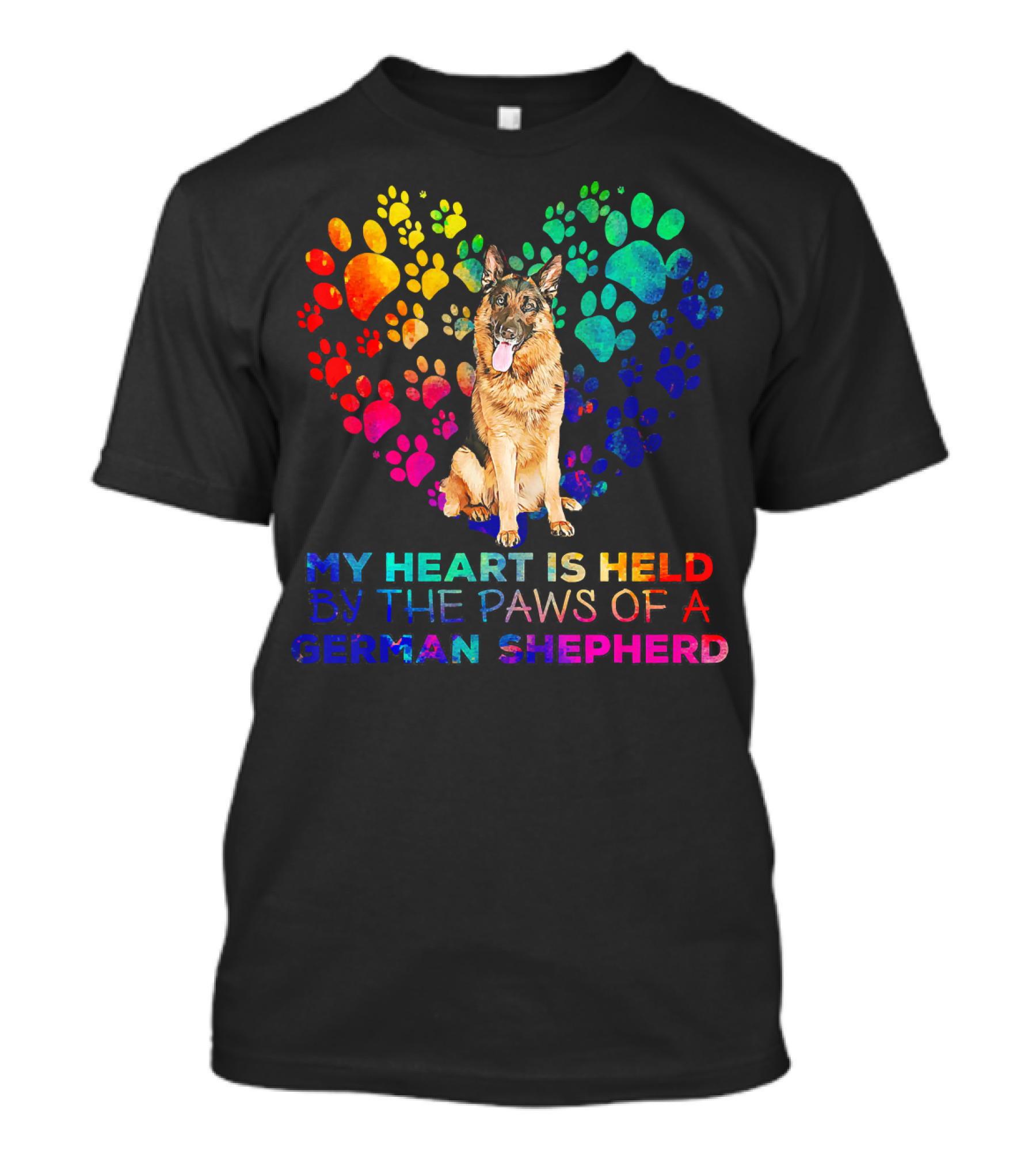 My Heart Is Held By The Paws Of A German Shepherd Rainbow Paw Print Heart T-Shirt